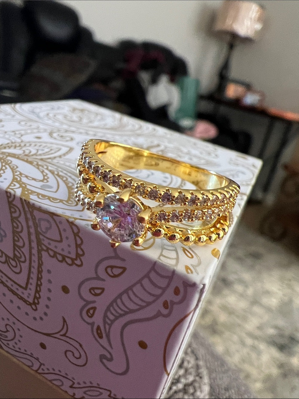 Gold Toned Split Shank Cubic Zirconia Engagement Ring - Women's Jewelry
